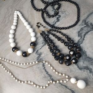 Vintage White and Black Chunky Necklace Bundle With Gold Accents